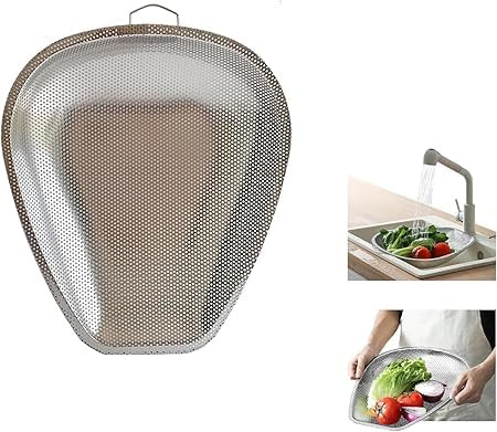 Stainless Steel Dense Hole Drain Dustpan,Multi-functional Drain Basket, Kitchen Sink Drain Strainer Rack, Suitable for Vegetables Fruits, Meat, Spaghetti, Etc (38cm)