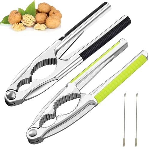 MOAZIFI Schiaccianoci Set di 4 pezzi in metallo con manico nero verde e 2 raccoglitori per nocciole, noci del Brasile, granchi, aragoste, impugnatura sicura