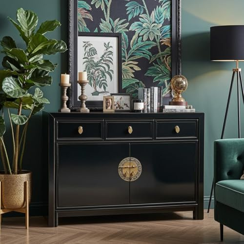 OPIUM OUTLET Chinesische Kommode Asia Sideboard orientalischer Schrank asiatische Vintage Möbel Anrichte Hochzeitsschrank komplett montiert schwarz