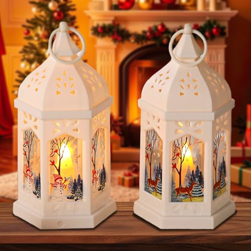 2 Stück Weihnachtsdeko Laterne, 17cm Weihnachtslaterne mit Elch & Schneemann, Warmweißes LED Licht Batteriebetriebenes Windlicht Weihnachten für Innen und Außen Tischdeko & Hängedeko