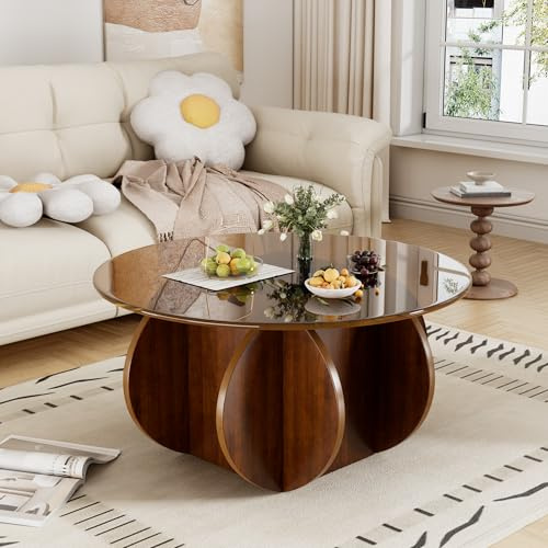 Mesa de Centro Redonda de Cristal Templado con Base De Madera Mesa de Salón Redonda Mesa Auxiliar Redond Mesa de Café de Salón Minimalista Mesita Baja Sofá para Salón Dormitorio Oficina Ø60cm * 40cmH