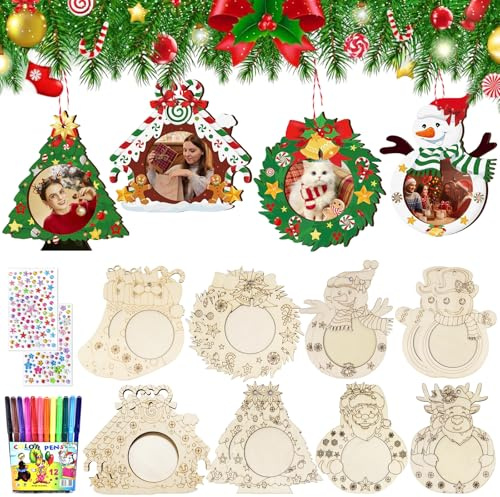 16 Stück Bilderrahmen für Weihnachtsbaum Weihnachtsbaum Anhänger Holz Weihnachtsanhänger Weihnachten Holz Anhänger zum Bemalen Weihnachtsdeko Fensterdeko