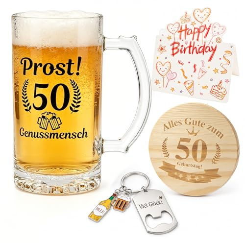 Verre à Bière Personnalisé Cadeau 50 Ans Verre a Biere avec Gravure 0,5 L | Chope à Bière avec Porte-clé Décapsuleur et Dessous de Verre pour Hommes et Femmes 50 Ans Décoration Anniversaire