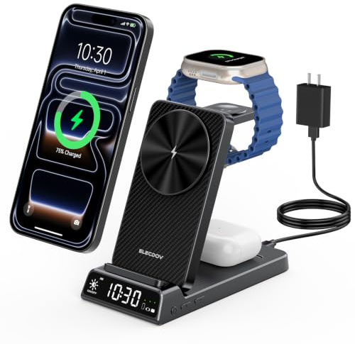 Elecdov 3 in 1 Wireless Charging Station with Clock, Foldable Charger Stand | Magnetic Charger Stand for iPhone 17/16/15, Foldable Wireless Charger for Apple Watch 10/Ultra/9/AirPods 4/3 (25W Adapter)