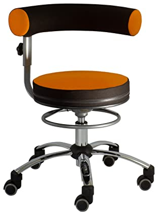 Sanus®-Gesundheitsstuhl | Rollhocker mit 360° Lehne, höhenverstellbarer Lehne, Sitzhöhe (46-54 cm), Stoffbezug orange/schwarz, Rollstopp-Rollen. Ergonomischer Bürostuhl, Erzieherstuhl