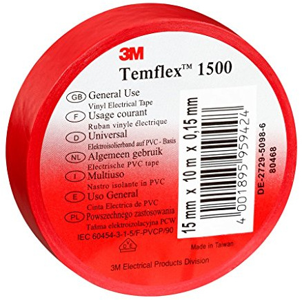 3 M trot1525 TEMFLEX 1500 vinilo eléctrico de cinta aislante, 15 mm x 25 m, 0,15 mm), color rojo