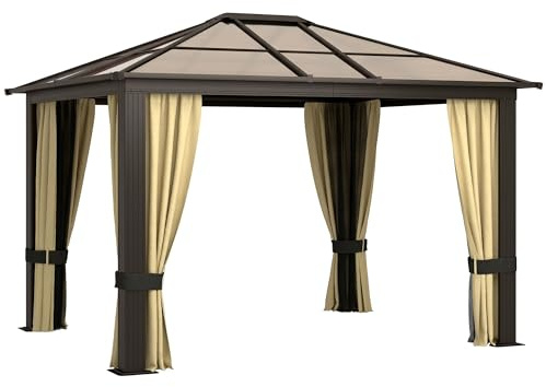 Outsunny Gazebo da Esterno 3x3.6m in Alluminio con Zanzariera e Tetto in Policarbonato, Tendone da Giardino in Poliestere