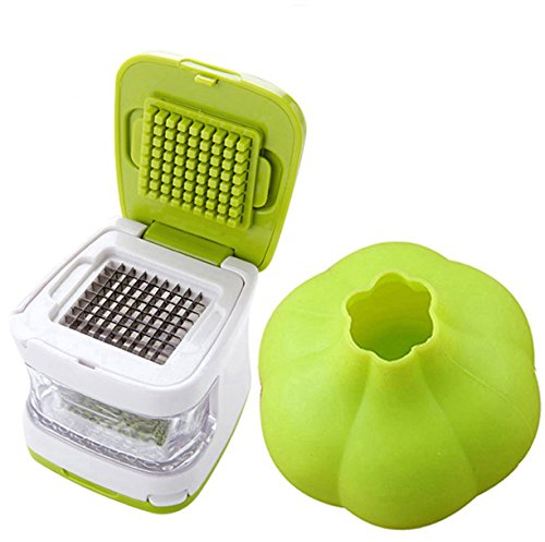 NewFerU Cube Garlic Ginger Press Cutter Mincer Chopper Crusher Slicer Grater Grinder Dicer Machine Food Aid in Plastic Stainless Steel with Silicone Peeler Kitchen Gadget Green Tool Set