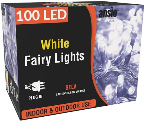 ANSIO Christmas Lights 100 LED 10m, Cool White, Mains Powered Clear Cable | Fairy String Lights for Indoor & Outdoor, Christmas Tree Lights for Garden, Bedroom, Party & Xmas Decorations, 10m/32ft
