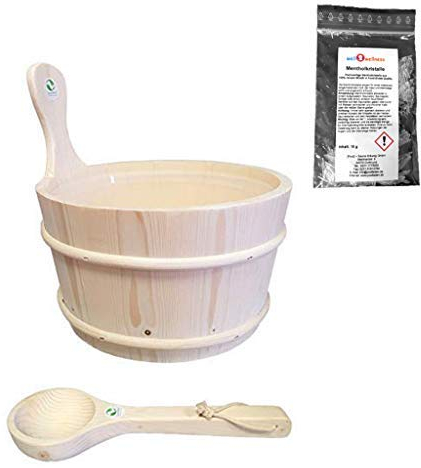 SudoreWell Secchio Sauna Secchiello per Sauna di Legno Pino 4,0 L incl. Inserto + Cazzuola By Plus 10g Cristalli al Mentolo