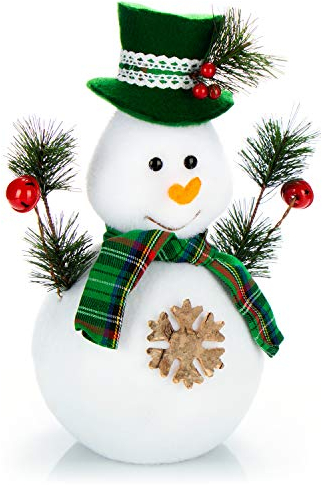 com-four® Schneemann Figur Größe L, süße Weihnachtsdeko, optimal als Tischdeko zur Adventszeit, schöne Dekofigur für Innen (grün-weiß - L)