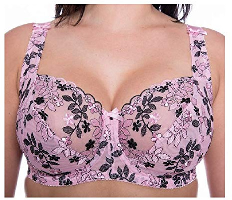 Gem Women's Full Cup Lace Embroidered Plus Size Underwired Bra (Pink-Black, 38DD)