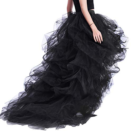 Lisong Women Floor Length High Waist High Low Tulle Layered Spectial Occasion Skirt M Black