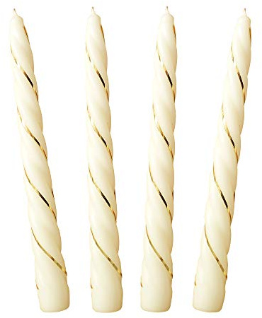 Auswahl Farbe + Menge - gold verzierte Spiralkerze Spitzkerze Stabkerze Renaissancekerze Tafelkerze Leuchterkerze ca. Ø 22 x 220 mm gedreht hier: 4 Kerzen creme (matt) / gold