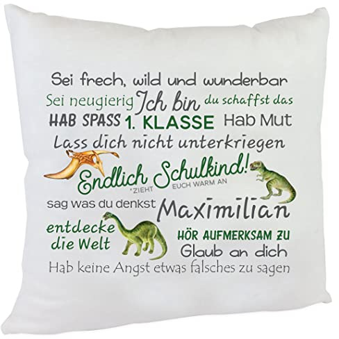 Kilala personalisiertes Kissen T-Rex Geschenk zur Einschulung Junge mit Namen des Erstklässlers Einschulungsgeschenk für Mädchen und Jungen (Dino)