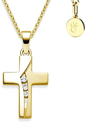Kreuz Kette Kommunion Mädchen Gold (Silber 925 vergoldet) | Kreuzkette Anhänger Halskette Kinder Schmuck Goldkette Taufkette | Geschenke zur Taufe Erstkommunion Konfirmation Firmung mit Gravur