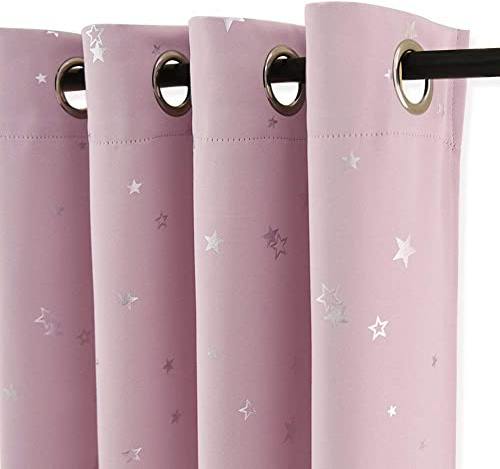 PONY DANCE Star Foil Printed Kids Curtains, Pink, 52x45 Inch | Eyelet Blackout Girls Curtains for Nursery & Bedroom, Thermal Insulated & Noise Reducing, Privacy Protected, 2 Panels