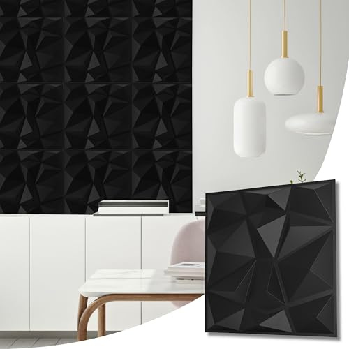 NOVECRAFTO Geometric Decorative PVC 3D - Diamond Design 12 Sheets Set Covering 3.0 sqm (32.29 sqft) - Each Tile Size 50x50 cm (19.6x19.6 in) Wall Panel in Black with Diamond Geometric Effect Pattern