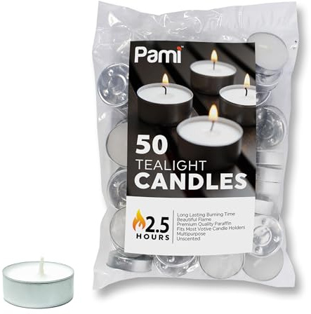 PAMI Unscented Paraffin Tealight Candles 1 in,White,2.5 Hr Burn Time,50 Ct