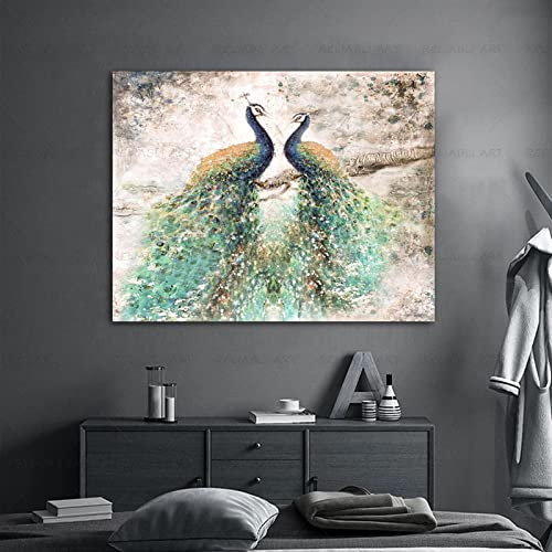 Pfau Gemälde Tier Poster Drucke Leinwand Wohnkultur Wandkunst Bilder für Wohnzimmer Abstrakte Moderne Dekoration 70x115cm/28x45in Mit Rahmen
