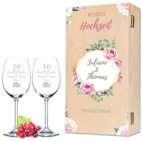 GRAVURZEILE Leonardo Weingläser mit Gravur - Rosenhochzeit Design - Personalisiert mit Namen & Datum inkl. Holzkiste - Geschenk zur Hochzeit Verlobung Jahrestag Farbe Daily