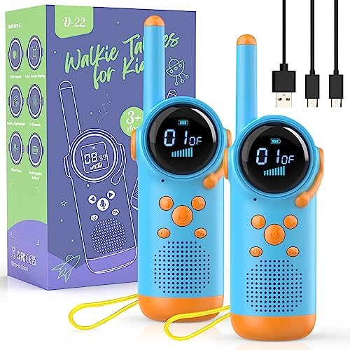 Kearui Walkie Talkie Kinder, Walkie Talkies Spielzeug für 3-12 Jahre, Aufladbar Funkgeräte Kinder mit VOX Funktion, LED Taschenlampe, Tastensperre für Abenteuer im Freien, Camping, Wandern (Blau)