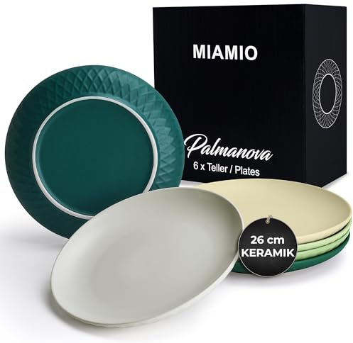 MIAMIO - Teller Set (26 cm) 6er Set Speisetteller - Palmanova (Grün) | Modernes Keramik Teller Set, Teller für Hauptspeisen, Große Teller, Steingut Geschirr - spülmaschinenfest