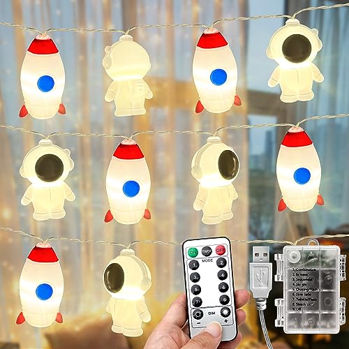 AceList 3M 20 LED Lichterkette Kinderzimmer Jungen Astronaut Raketen warmweiße, 8 Modi mit Timer, USB und batteriebetriebene Lichterkette Innen für Raumdekoration, Geburtstagsfeier und Weihnachtsdekor
