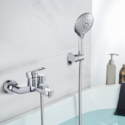 KINKIBOS Badewannenarmatur mit 3 Funktionen Handbrause, Hochwertiger Messingkörper, Aufputz Einhebel Wannenmischer, Neue Upgrade-Umsteller, Wandmontierte Duscharmatur für Badewanne und Bad, Chrom