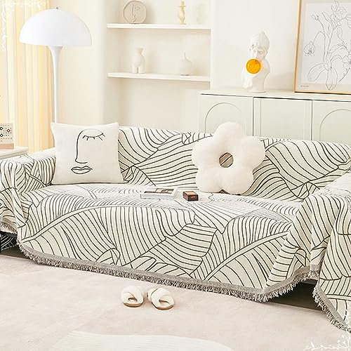 Homxi Sofa Überzug 1 Sitzer,180x180CM,Couchbezug Decke Blätter mit Quasten Sofahusse Chenille Sofa Handtuch Kaffee Sofabezüg