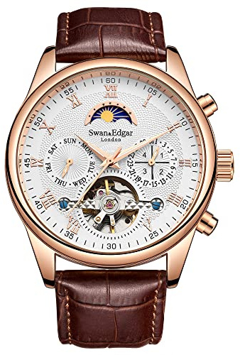 Swan and Edgar Complexity - Montre automatique pour hommes | Cadran squelette avec face de lune et cœur ouvert | Boîtier en acier inoxydable, verre saphir, bracelet en cuir véritable, résistance à l