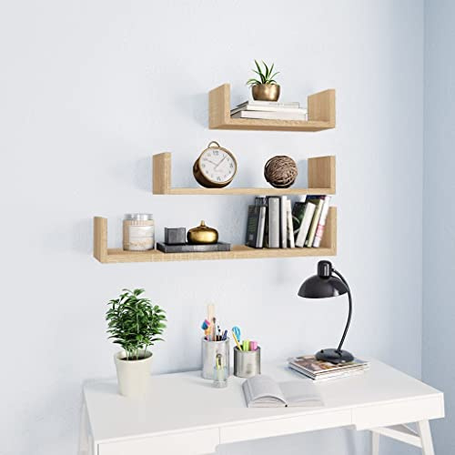 FIRBNUS 3 Piezas Estantes de Pared de Madera Contrachapada Diseño en Forma U Estantes de Wall Estante de Exhibición Suspendidas de Tablero Roble Sonoma Ideal para Oficina Dormitorio