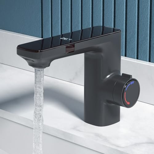 XJTNLB Wasserhahn mit Sensor Bad Einhebelmischer Bad Infrarot Sensor Wasserhahn mit Einstellbarem Temperaturbegrenzer Mischbatterie Waschbecken mit Digitalem Display,Gunmetal Grau