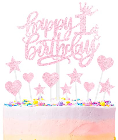 mciskin Pink Happy 1st Birthday Cake Toppers for Cake, Girls 1st Birthday Decorations,Personalised Cake Toppers for Girls,Glitter 1 Cake Topper Pink Cupcake Topper for Party Cake Decoration