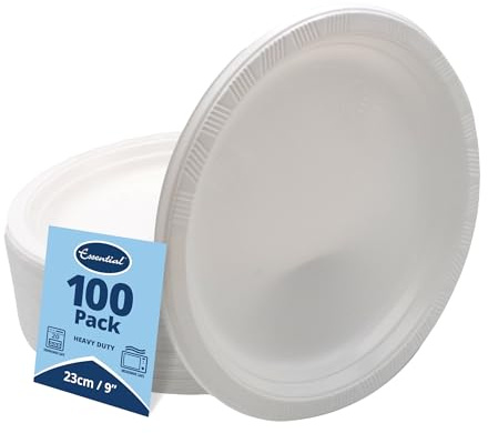 Essential Housewares | 100 White Plastic Plates | 9inch | 23cm | Heavy Duty