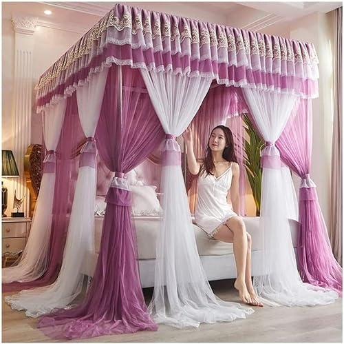 GLMGBP 4 Ecken Pfosten-Himmelbett-Vorhang, Prinzessin, bestickte Spitze, Rüschen, Betthimmel, Betthimmel-Vorhang für Mädchen und Erwachsene, Doppellagiges, durchsichtiges Mesh-Moskitonetz