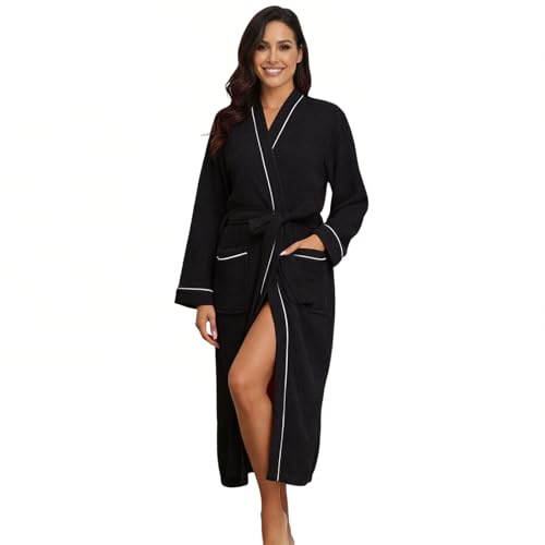 RONGTAI Accappatoio da donna a nido d'ape a maniche lunghe, con cintura e tasche, leggero, taglie S-XXL, nero, Medium