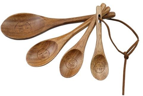 Mewutal Set of 4 Wooden Measuring Spoons and Scoops Set Wood Measuring Spoons Measuring Tablespoons Retro Measuring Scoops for Dry Ingredients Coffee Powder (1TBSP+1TSP+1/2TSP+1/4TSP, Dark Wood Color)
