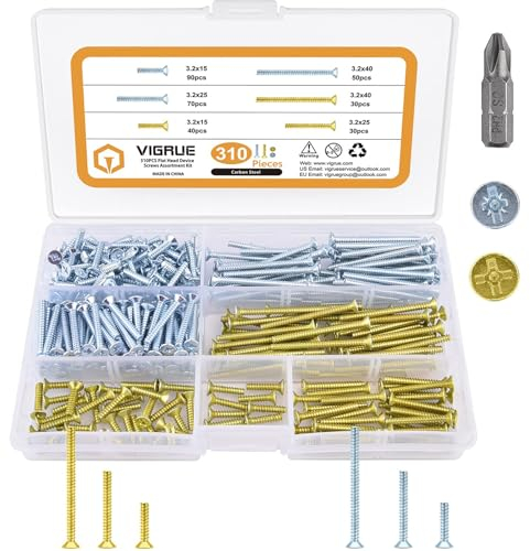 VIGRUE 310 PCS Geräteschrauben für Schalterdosen - Dosenschrauben 3,2x15mm, 3,2x25mm, 3,2x40mm - Senkkopf- und Flachkopfschrauben mit PZ1/Schlitz in Sortimentskasten