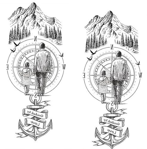 2 Blätter Temporäres Tattoo Vater und Kind Tattoo Berg Tattoo Schiffsanker Tattoo Kompass Tattoo T222x2
