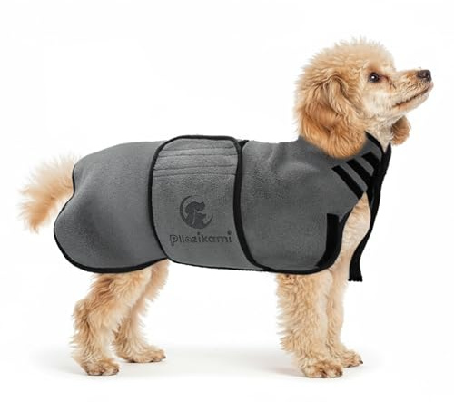 Pllozikami Hundebademantel, Mikrofaser Bademantel Hund Super Saugfähig, Schnell Trocknend, Verstellbare Klettverschluss-Schrumpfriemen für Große, Mittlere und Kleine Hunde - S