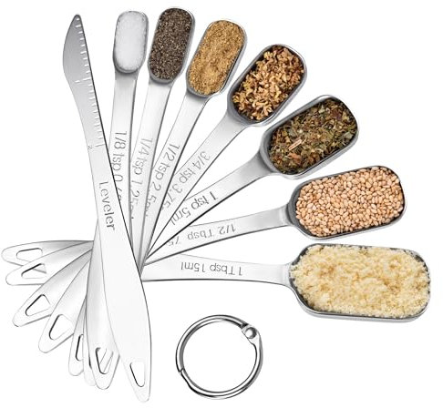 U-Taste 18/8 Stainless Steel Measuring Spoons, Square Metal Measure Teaspoon Tablespoon with Leveler for Dry or Liquid Ingredients Cooking Baking, Fits in Spice Jar (Set of 8, Silver)