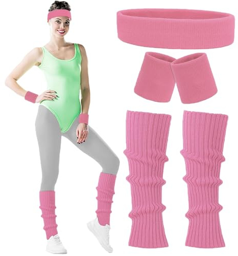 Carnavalife Costume anni '80 Donna Adulto con Fascia per Capelli+Braccialetti+Scaldamuscoli Colore Neon Gym, Accessori Anni 80, Fasce Nastri Sportivi 80S (Rosa)