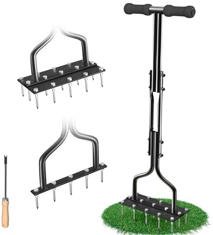 SUNEOWALY Rasenlüfter, Aerifizierer für Rasen, 2-in-1 Rasenbelüfter Rasenspecht für Verdichtete Böden und Rasenflächen, Rutschfester T-Griff, Ausgestattet mit 15 Massiven Stahlnägeln, Schwarz