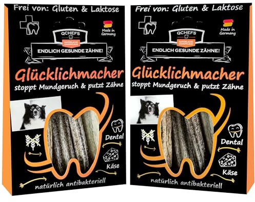QCHEFS 2X Glücklichmacher Zahnpflege für Hunde Zahnstein Hunde Leckerli | Glücklichmacher, Kaustange löst Sich im Mund auf, stoppt Mundgeruch, putzt Zähne, Zahnfleischentzündungen