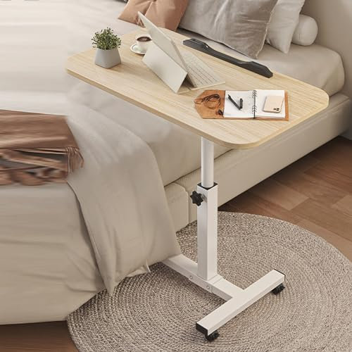 Escritorio rodante de altura ajustable con mesa inclinable sobre cama y ruedas para laptop, cama, sofá, tiras deflectoras individuales, color natural, patas de mesa blancas, mesa de bandeja ajustable