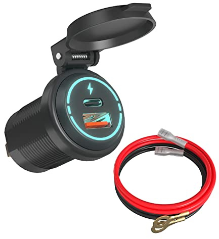 ALLWSLucky Toma USB 12V Cargador de Coche, Super Rápido Doble PD3.0 & QC3.0 Toma de USB Cargador Coche, 12V USBToma de Corriente para Motos, Barco, RV, Camión Marino