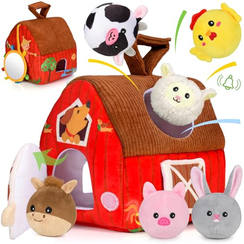 Aojieni Baby Toys 6-12 Months, Plush Surprise Barn with Stuffed Farm Animals, Rattle, Crinkle Paper, Mirror, Busy Montessori Toys for Babies, Infant, Newborn, Sensory Toys for Toddlers 1-3