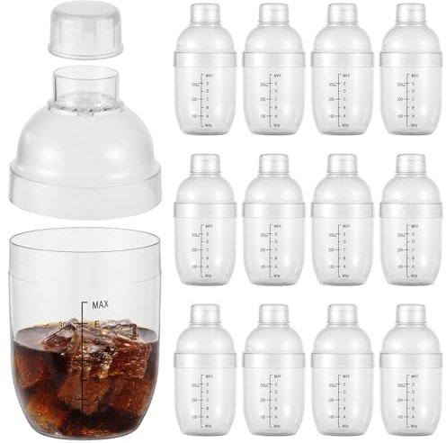 byepica Paquete de 12 cocteleras de plástico transparente con colador, 350 ml, herramientas de mezcla de camarero para fiestas