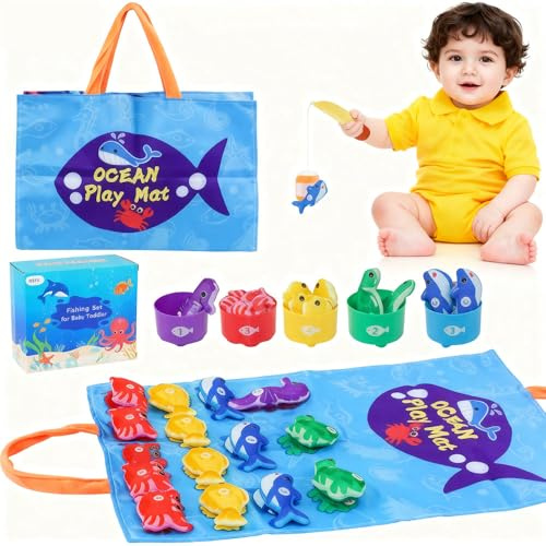 COSEN Montessori Spielzeug, 3-in-1 Fische Angeln Spiel, Baby Spielzeug ab 1 Jahr mit 5 Arten von Meereslebewesen Angelrute mit Klettverschluss Lernspiele Motorikspielzeug für Kinder ab 1 2 Jahr